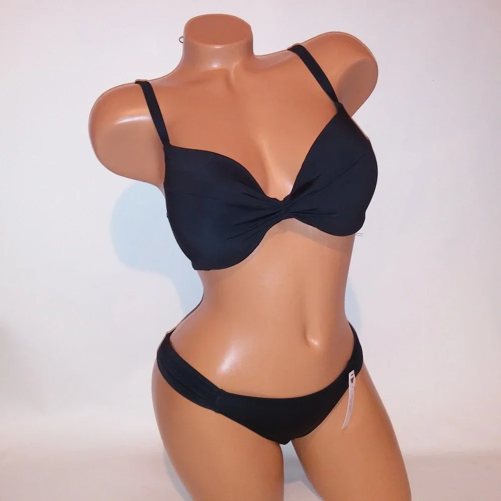 Victoria Secret Swim Bikini 32DD Top XS Bottom Solid Black Push Up New